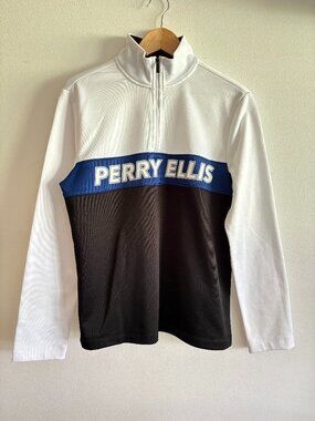 Perry Ellis Retro White Blue & Black spellout Logo 1/4 Zip Pullover